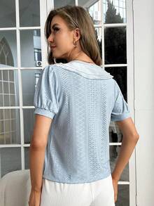 SHEIN 蕾絲拼接前紐扣泡泡袖家居服上裝 - 淺藍色 - 查看 2