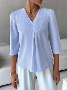 SHEIN LUNE 条纹印花卷袖衬衫、长袖上衣 - 淺藍色 - 查看 4