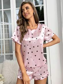 SHEIN 愛心圖案緞面睡衣套裝 - 粉色 - 查看 4