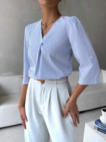 SHEIN LUNE 条纹印花卷袖衬衫、长袖上衣 - 淺藍色 - 查看 5