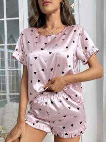 SHEIN 愛心圖案緞面睡衣套裝 - 粉色 - 查看 6