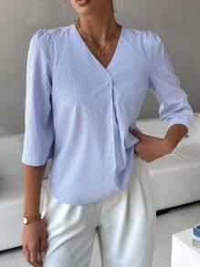 SHEIN LUNE 条纹印花卷袖衬衫、长袖上衣 - 淺藍色 - 查看 6