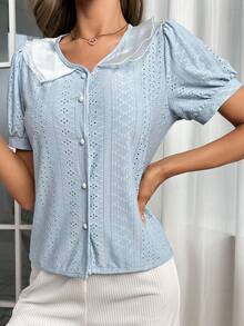 SHEIN 蕾絲拼接前紐扣泡泡袖家居服上裝 - 淺藍色 - 查看 5