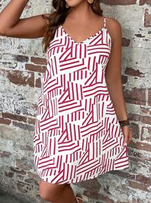 SHEIN LUNE 大碼條紋印花吊帶洋裝 - 紅白色 - 查看 1