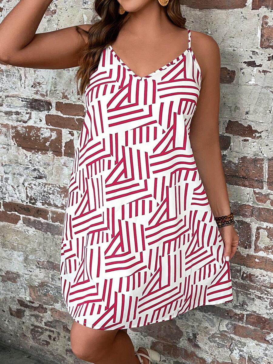 SHEIN LUNE 大碼條紋印花吊帶洋裝 - 紅白色 - 查看 1