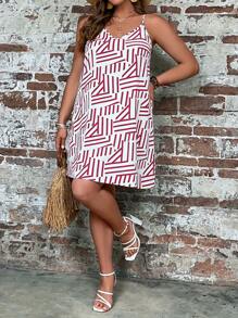 SHEIN LUNE 大碼條紋印花吊帶洋裝 - 紅白色 - 查看 4