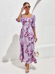 SHEIN VCAY Floral Print Square Neck Flounce Sleeve Dress - Purple - View 1