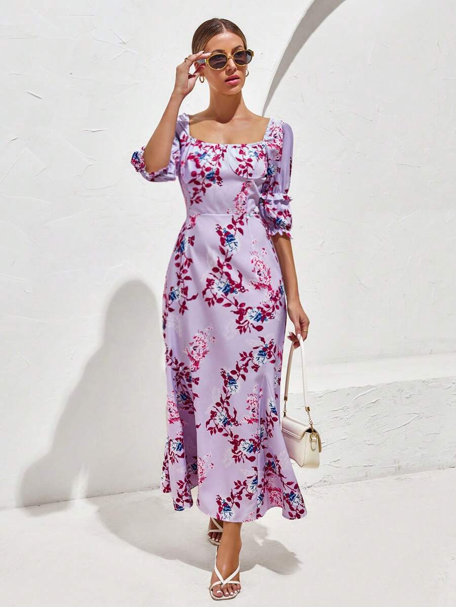 SHEIN VCAY Floral Print Square Neck Flounce Sleeve Dress - Purple - View 1