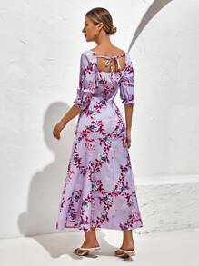 SHEIN VCAY Floral Print Square Neck Flounce Sleeve Dress - Purple - View 2