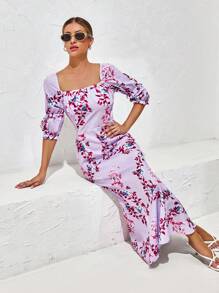SHEIN VCAY Floral Print Square Neck Flounce Sleeve Dress - Purple - View 3