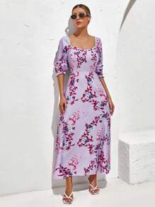 SHEIN VCAY Floral Print Square Neck Flounce Sleeve Dress - Purple - View 5