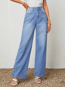 SHEIN LUNE 鈕扣下擺斜口袋牛仔褲 - 淺色水洗藍 - 查看 1