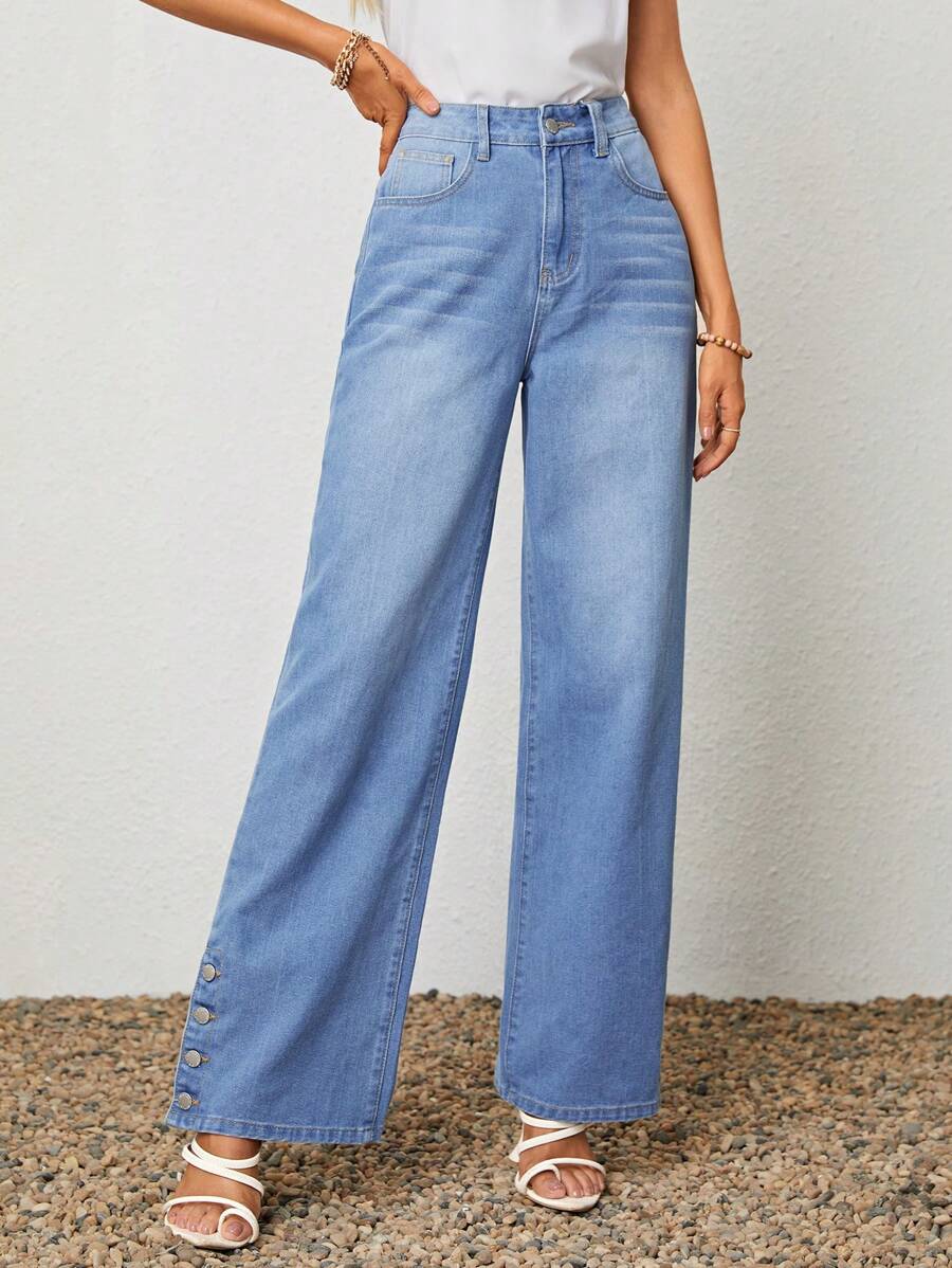 SHEIN LUNE 鈕扣下擺斜口袋牛仔褲 - 淺色水洗藍 - 查看 1