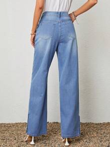 SHEIN LUNE 鈕扣下擺斜口袋牛仔褲 - 淺色水洗藍 - 查看 2
