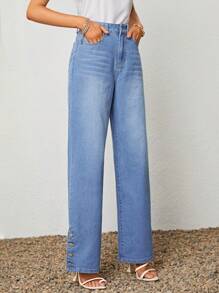 SHEIN LUNE 鈕扣下擺斜口袋牛仔褲 - 淺色水洗藍 - 查看 4