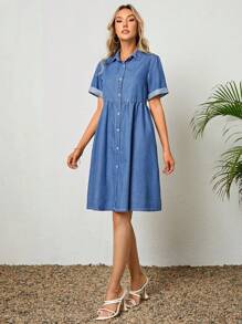 SHEIN LUNE Button Front Denim Dress - Medium Wash - View 5