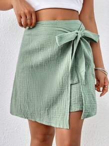 SHEIN Frenchy Váy quấn eo thắt nơ vải trơn họa tiết phong cách nghỉ dưỡng thường ngày mùa hè dành cho nữ - màu xanh lá - Xem 5