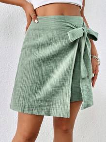 SHEIN Frenchy Váy quấn eo thắt nơ vải trơn họa tiết phong cách nghỉ dưỡng thường ngày mùa hè dành cho nữ - màu xanh lá - Xem 4