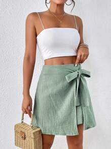 SHEIN Frenchy Váy quấn eo thắt nơ vải trơn họa tiết phong cách nghỉ dưỡng thường ngày mùa hè dành cho nữ - màu xanh lá - Xem 3