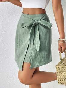 SHEIN Frenchy Váy quấn eo thắt nơ vải trơn họa tiết phong cách nghỉ dưỡng thường ngày mùa hè dành cho nữ - màu xanh lá - Xem 6