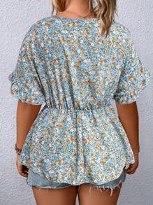 Breezaya Plus Ditsy Floral Print Flounce Sleeve Peplum Blouse Peplum Top