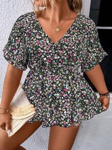 SHEIN Holidaya 大碼碎花蝙蝠袖荷葉邊下擺襯衫 - 黑色 - 查看 1