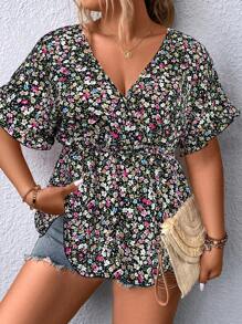 SHEIN Holidaya 大碼碎花蝙蝠袖荷葉邊下擺襯衫 - 黑色 - 查看 3