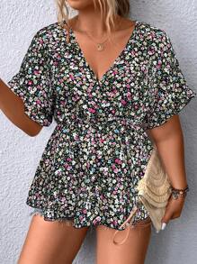 SHEIN Holidaya 大碼碎花蝙蝠袖荷葉邊下擺襯衫 - 黑色 - 查看 4