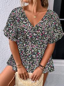 SHEIN Holidaya 大碼碎花蝙蝠袖荷葉邊下擺襯衫 - 黑色 - 查看 5