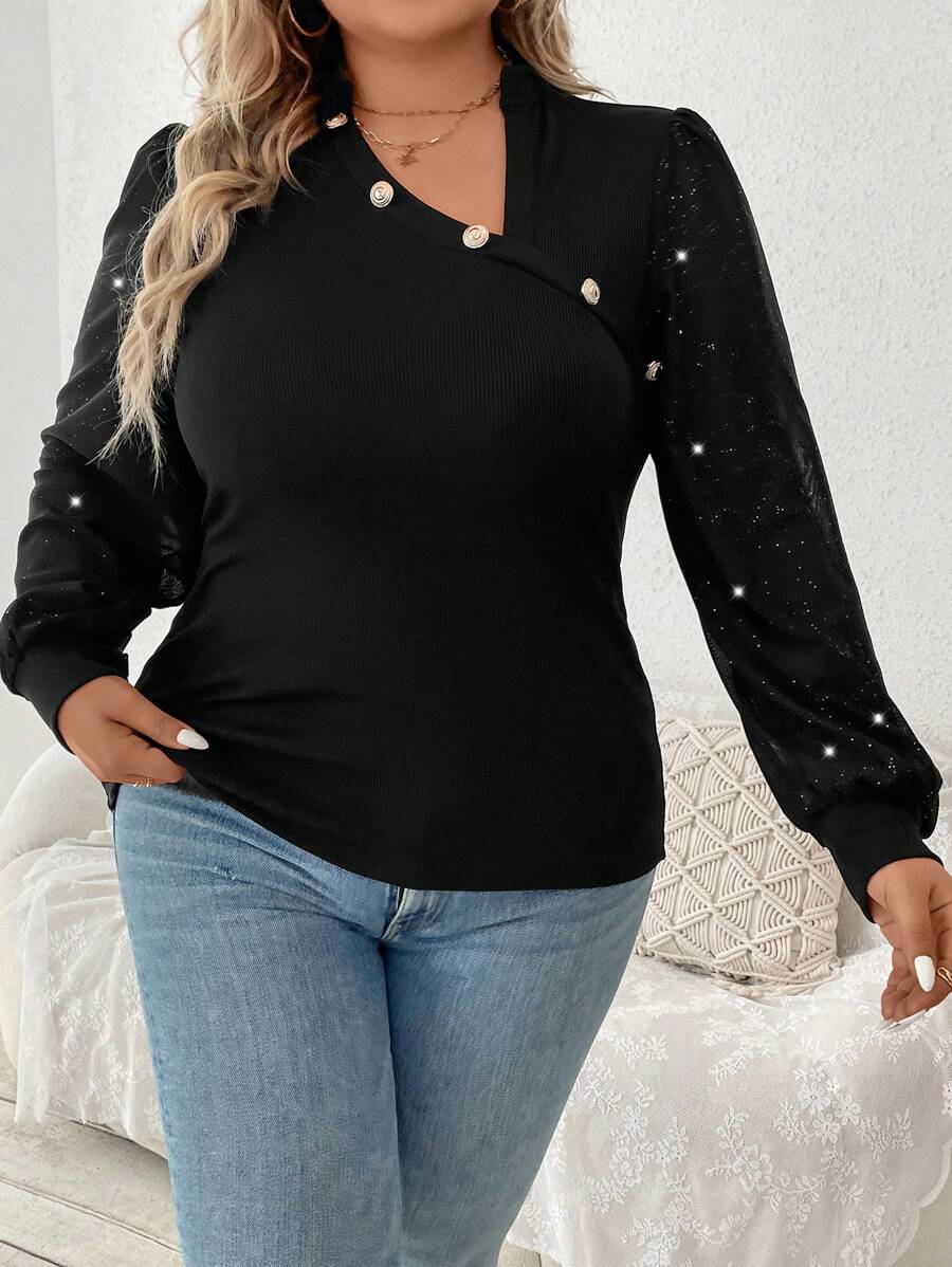 SHEIN LUNE 大碼亮片拼接紐扣細節襯衫 - 黑色 - 查看 1
