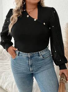 SHEIN LUNE 大碼亮片拼接紐扣細節襯衫 - 黑色 - 查看 4