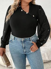 SHEIN LUNE 大碼亮片拼接紐扣細節襯衫 - 黑色 - 查看 3