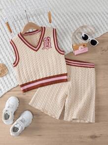 SHEIN Tween Girl Letter Pattern Striped Trim Crop Tank Top & Shorts - Beige - View 1