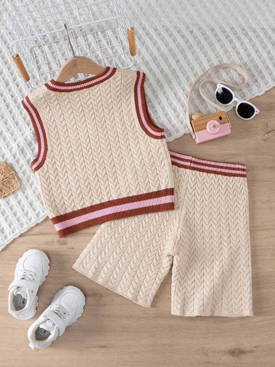 Tween Girl Letter Pattern Striped Trim Crop Tank Top & Shorts