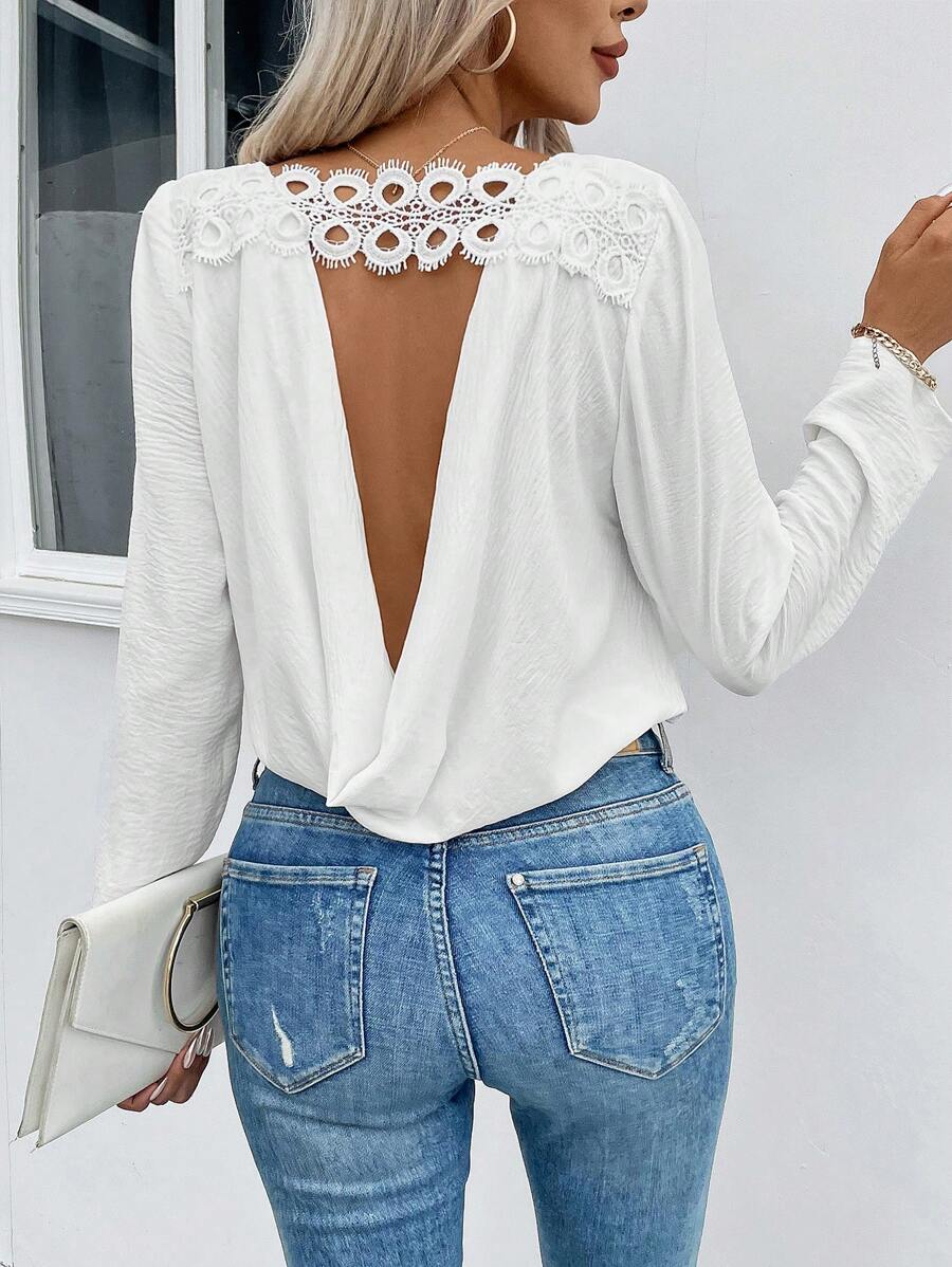 Chiquease Guipure Lace Insert Cut Out Back Blouse - White - View 1