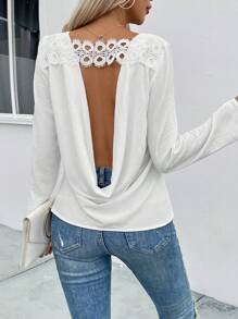 Chiquease Guipure Lace Insert Cut Out Back Blouse - White - View 3