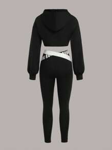 Easithlete Two Tone Contrast Letter Tape Drop Shoulder Hoodie & Drop Shoulder Hoodie & Leggings Workout Women Set - Black and White - View 5