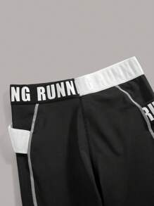 Easithlete Two Tone Contrast Letter Tape Drop Shoulder Hoodie & Drop Shoulder Hoodie & Leggings Workout Women Set - Black and White - View 7