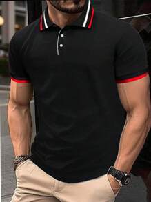 Manfinity Homme Men Striped Trim Polo Shirt - Black - View 1