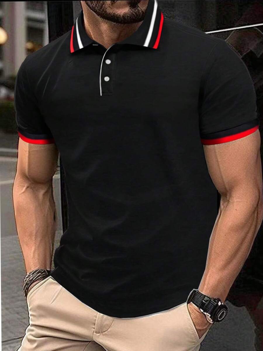 Manfinity Homme Men Striped Trim Polo Shirt - Black - View 1