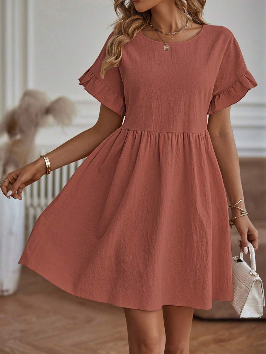 SHEIN LUNE Chất rắn tay áo lá sen Váy Smock - Gỗ đỏ - Xem 1