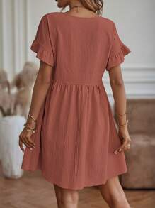 SHEIN LUNE Chất rắn tay áo lá sen Váy Smock - Gỗ đỏ - Xem 2