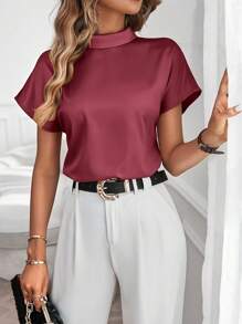 SHEIN LUNE Mock Neck Batwing Sleeve Satin Blouse - Burgundy - View 1