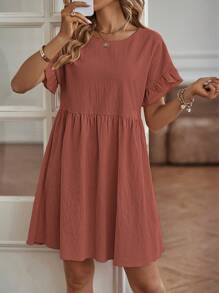 SHEIN LUNE Chất rắn tay áo lá sen Váy Smock - Gỗ đỏ - Xem 4