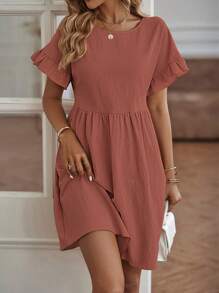 SHEIN LUNE Chất rắn tay áo lá sen Váy Smock - Gỗ đỏ - Xem 5