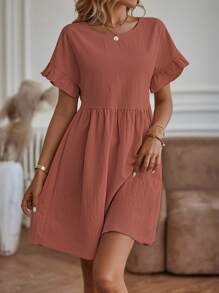 SHEIN LUNE Chất rắn tay áo lá sen Váy Smock - Gỗ đỏ - Xem 6