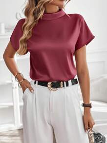 SHEIN LUNE Mock Neck Batwing Sleeve Satin Blouse - Burgundy - View 4