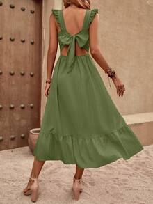 SHEIN VCAY 後背繫帶荷葉邊荷葉邊連衣裙 - 軍綠色 - 查看 2