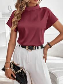 SHEIN LUNE Mock Neck Batwing Sleeve Satin Blouse - Burgundy - View 5