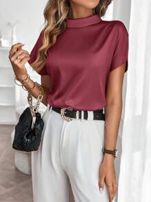 SHEIN LUNE Mock Neck Batwing Sleeve Satin Blouse - Burgundy - View 6